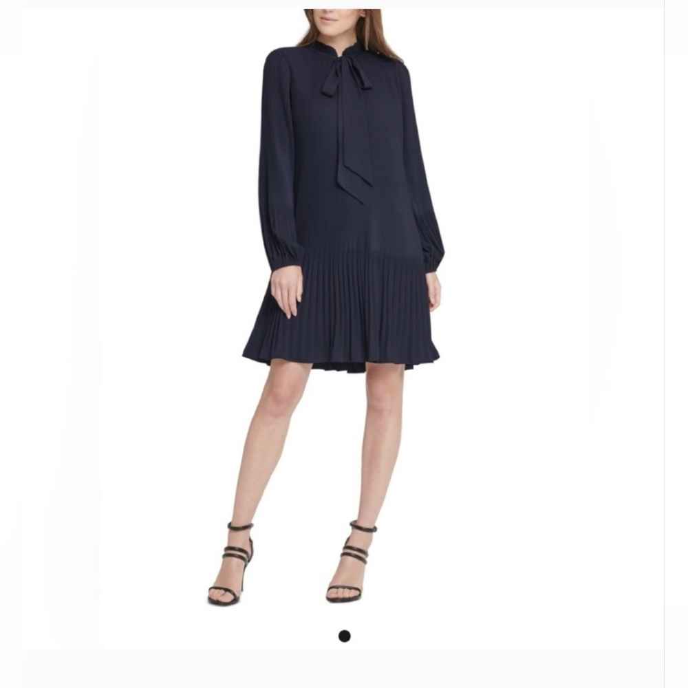 NWT DKNY Shift Dress Navy Blue Womens Size 14 Tie Neck Pleated DD9GY770